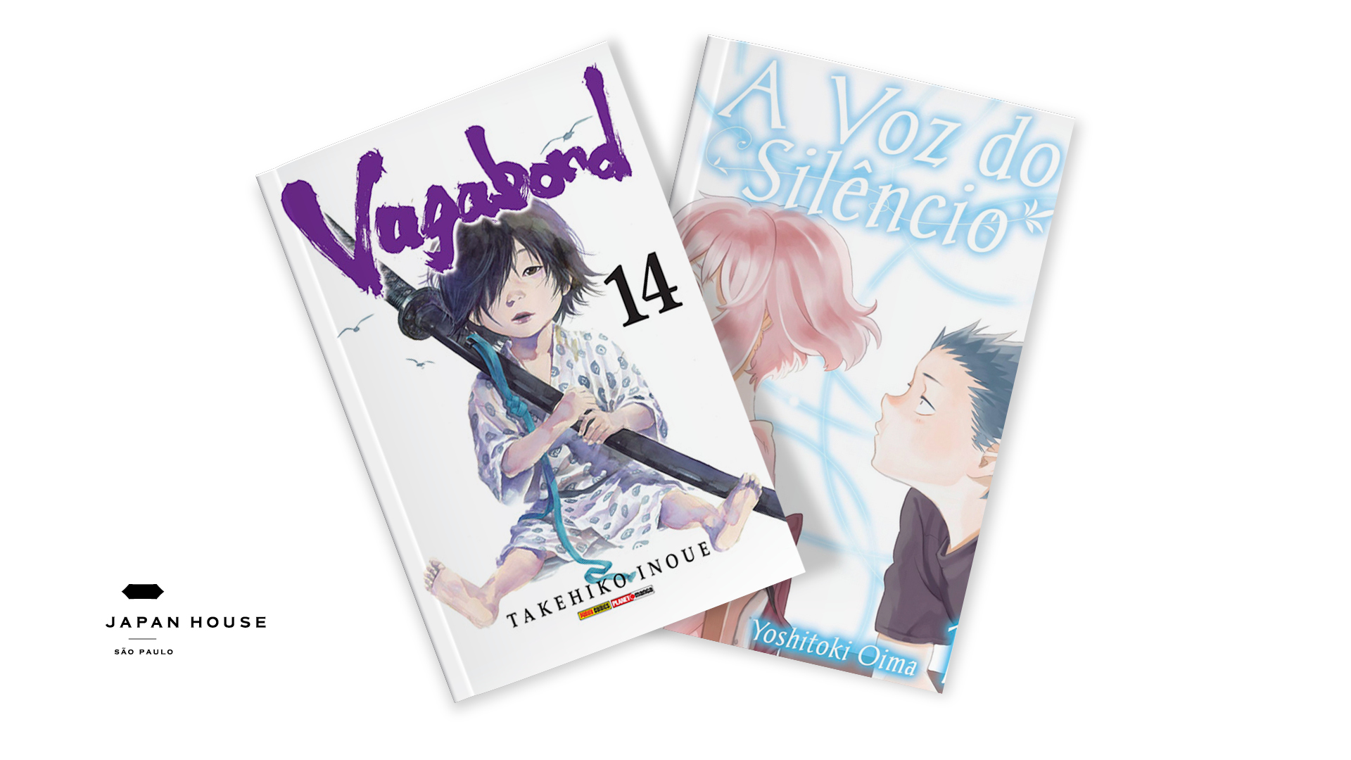 Capas dos mangás 'A Voz do Silêncio', de Yoshitoki Oima, 'Vagabond', de Takehiko Inoue, em fundo branco.
